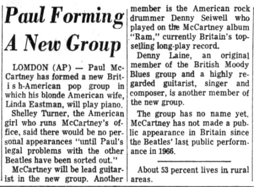 Newspaper clipping on Paul McCartney's new, unnamed band, Aug. 4, 1971