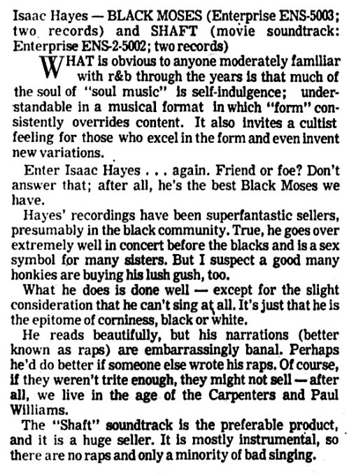 Green Bay Press-Gazette review of Isaac Hayes' "Black Moses" and "Shaft" soundtrack, Jan. 24, 1972